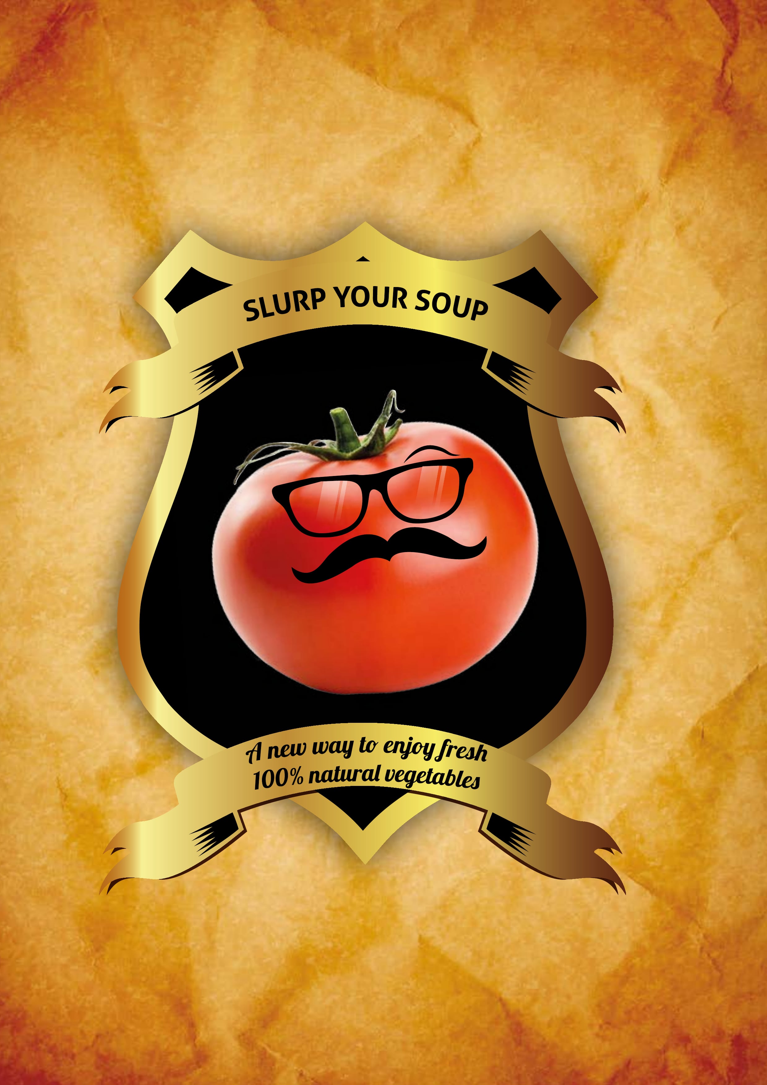 Slurp Your Soup — pomidor w heraldycznym herbie na tle surowego, niefarbowanego kartonu ekologicznego (folder reklamowy, projekt Chris Rocket 2012)